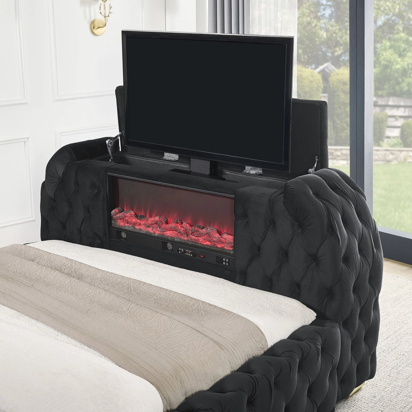 Natalie 5115BK Black Velvet Bed - Fireplace + TV Lift