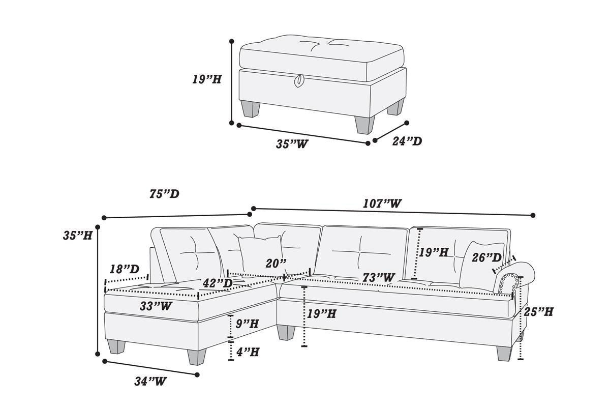 Poundex F6414 - 3pc Reversible Sectional Sofa Set w/Ottoman