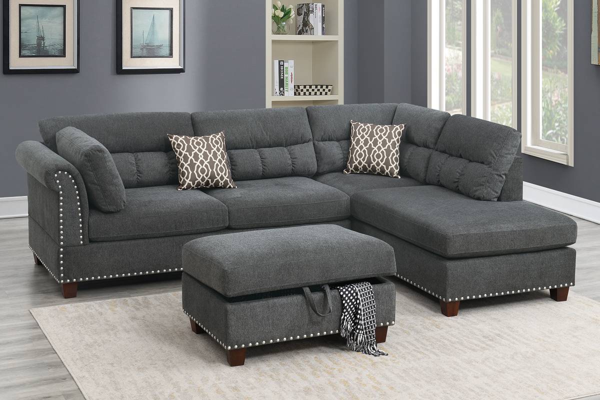 Poundex F6417 Velvet 3 Pc Sectional - 3 Colors