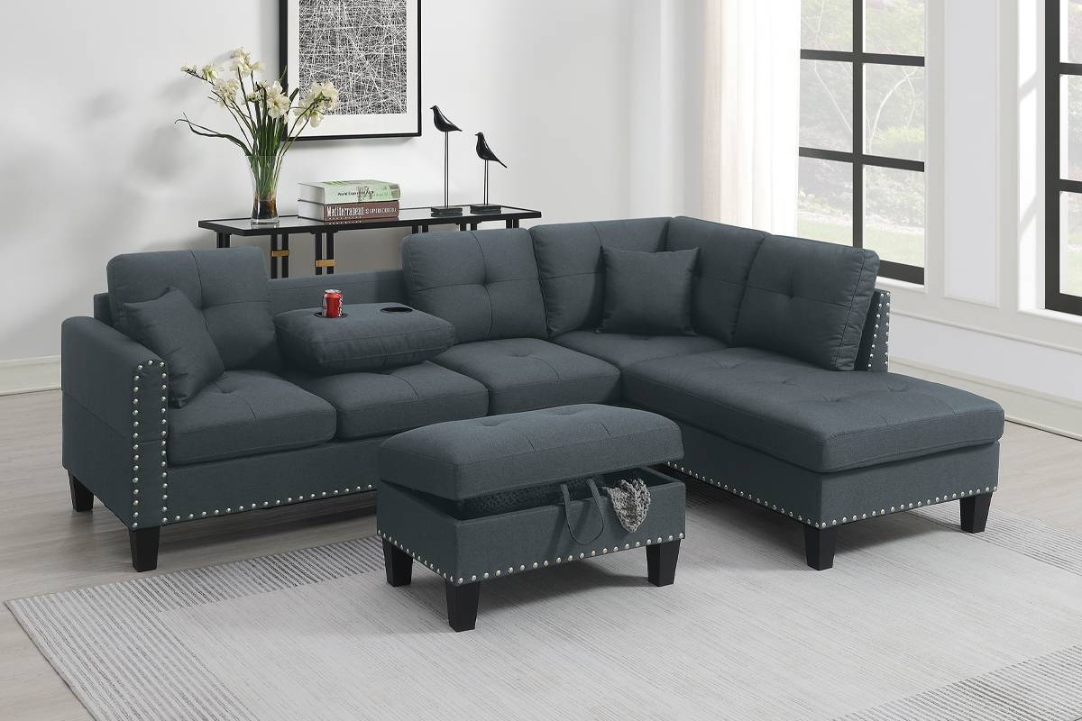 Poundex F8886 Charcoal 3 Pc Sectional