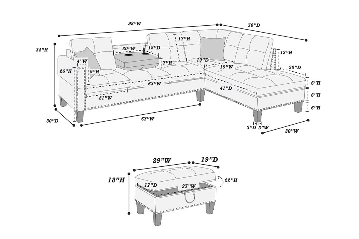 Poundex F8886 Charcoal 3 Pc Sectional