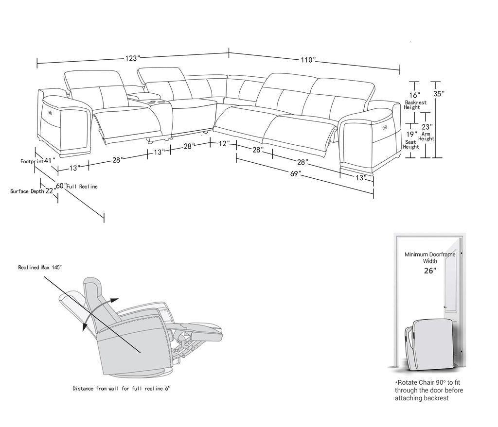 Global 9762 Genoa 6 Pc Power Sectional - Light Grey