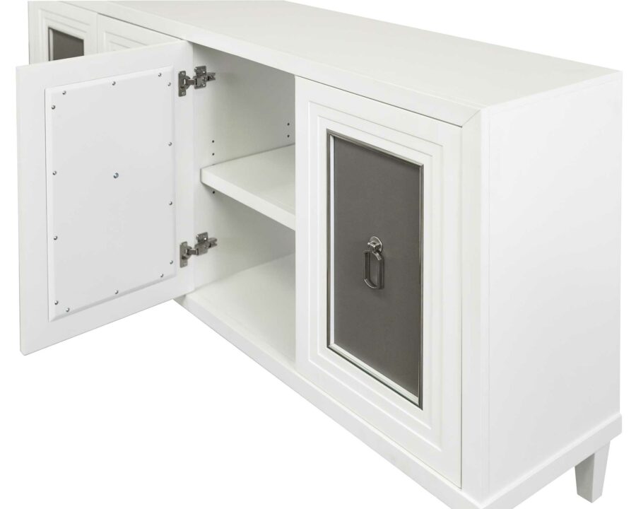 Tate White TV Console Faux Shagreen Doors