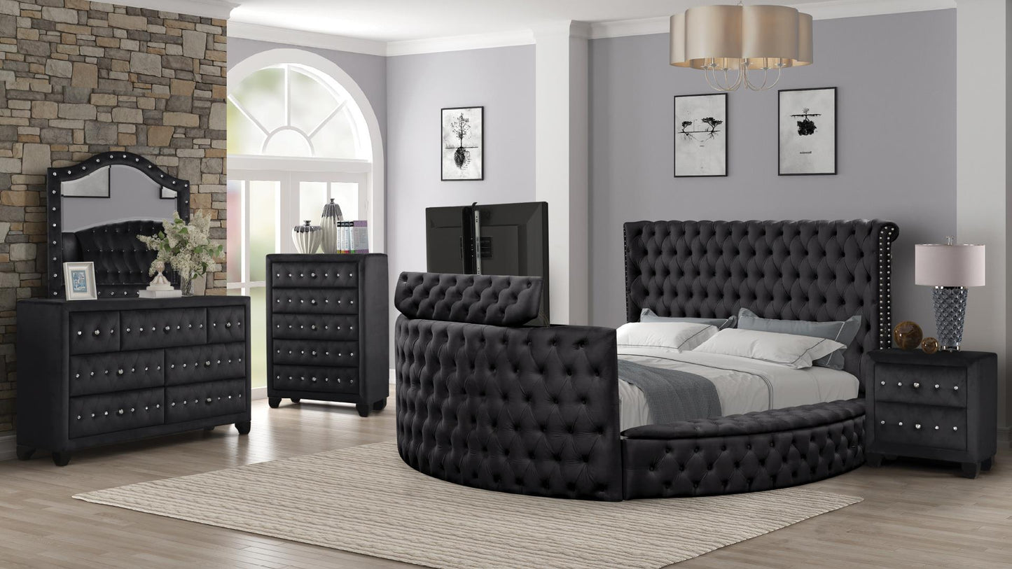 Maya Velvet Upholstered Bed Built in TV Stand