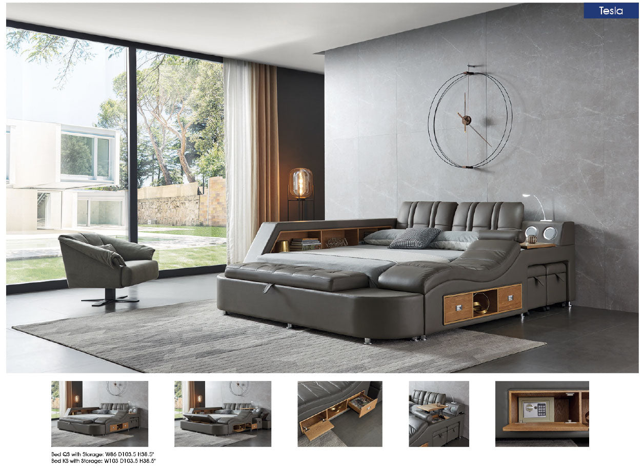 Tesla Grey Leather Bed by ESF - Many Features