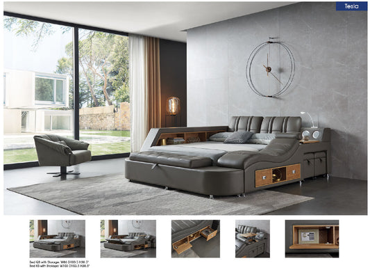 Tesla Grey Leather Bed by ESF - Many Features