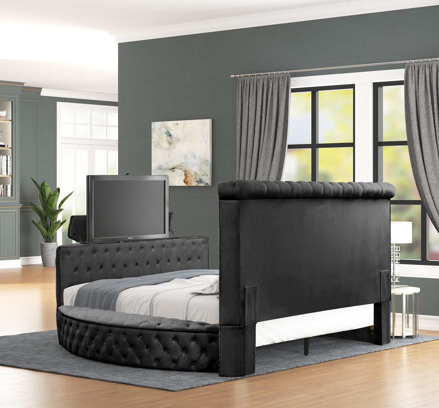 Maya Velvet Upholstered Bed Built in TV Stand