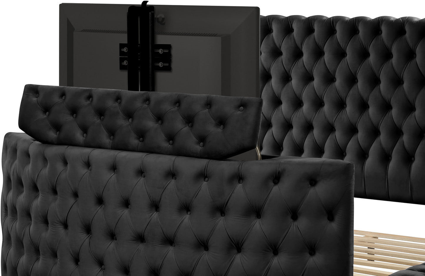 Maya Velvet Upholstered Bed Built in TV Stand