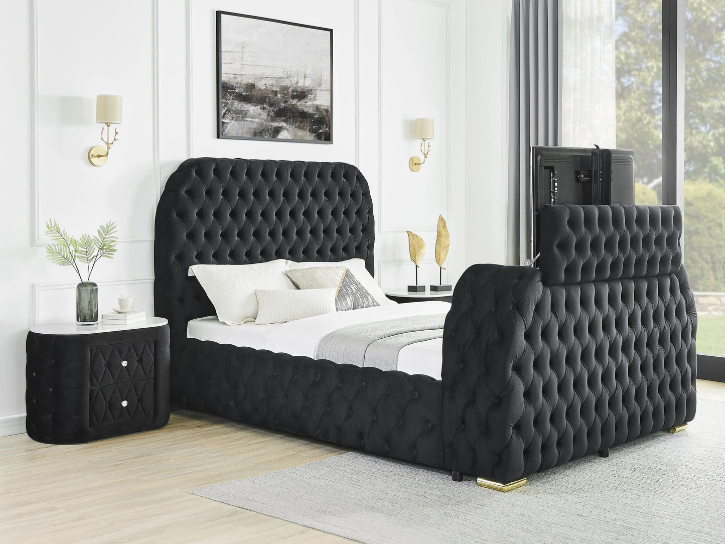 Natalie 5115BK Black Velvet Bed - Fireplace + TV Lift