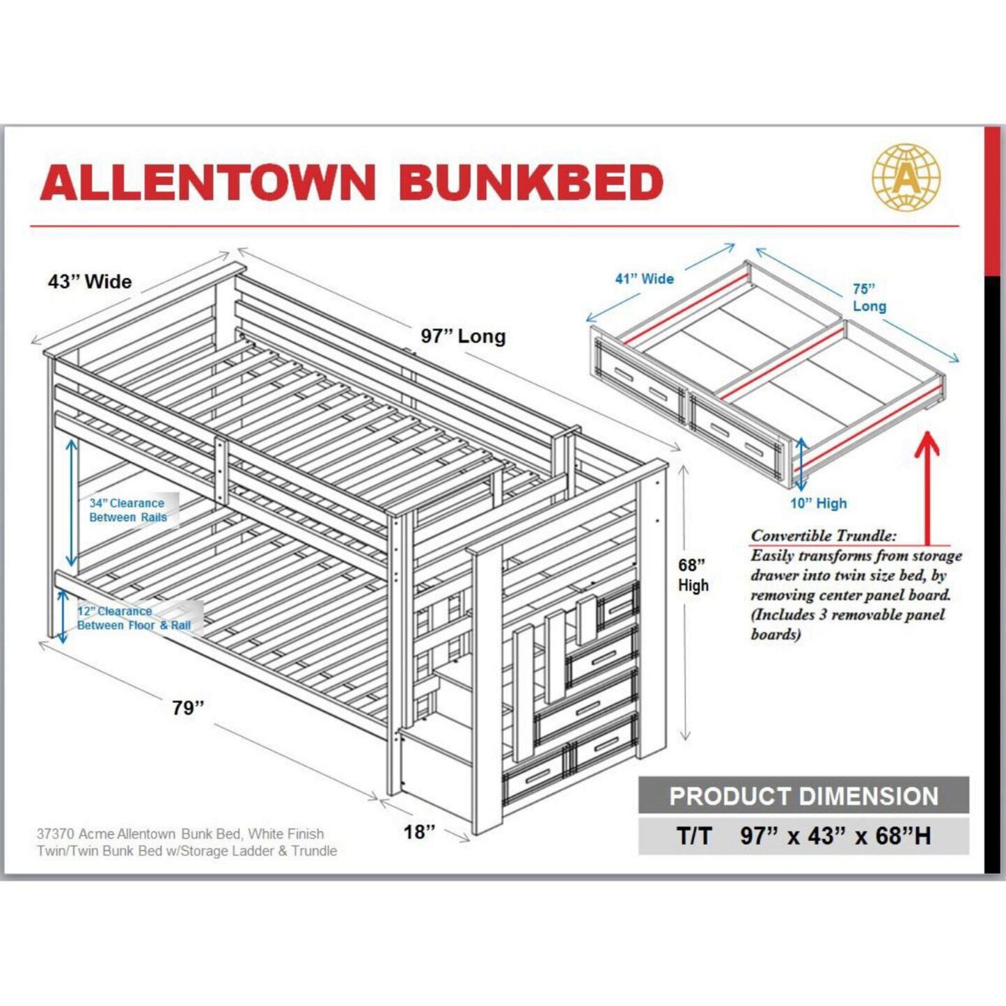 Allentown 37370 Twin Twin Bunk Bed + Storage