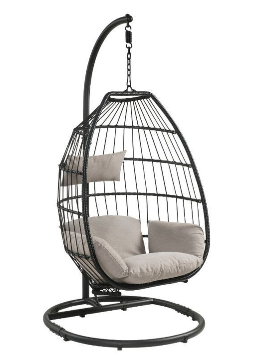 Patio Hanging Chair with Stand - Beige Fabric & Black Wicker