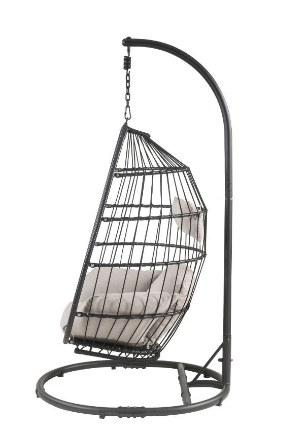 Patio Hanging Chair with Stand - Beige Fabric & Black Wicker