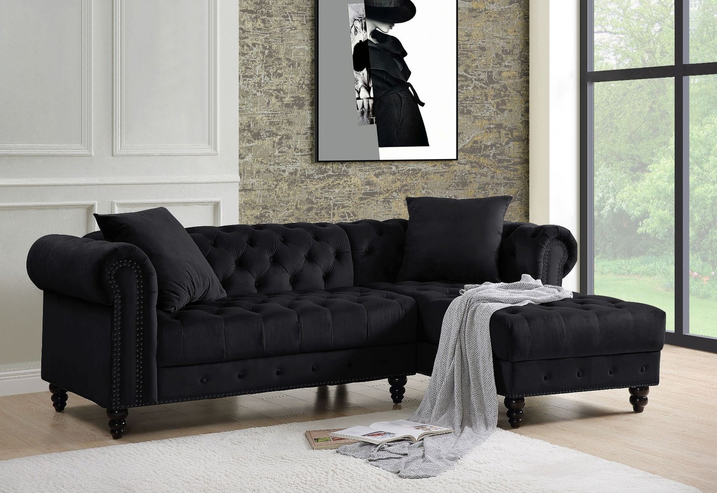 Adnelis 57320 Velvet Sectional Sofa - Black