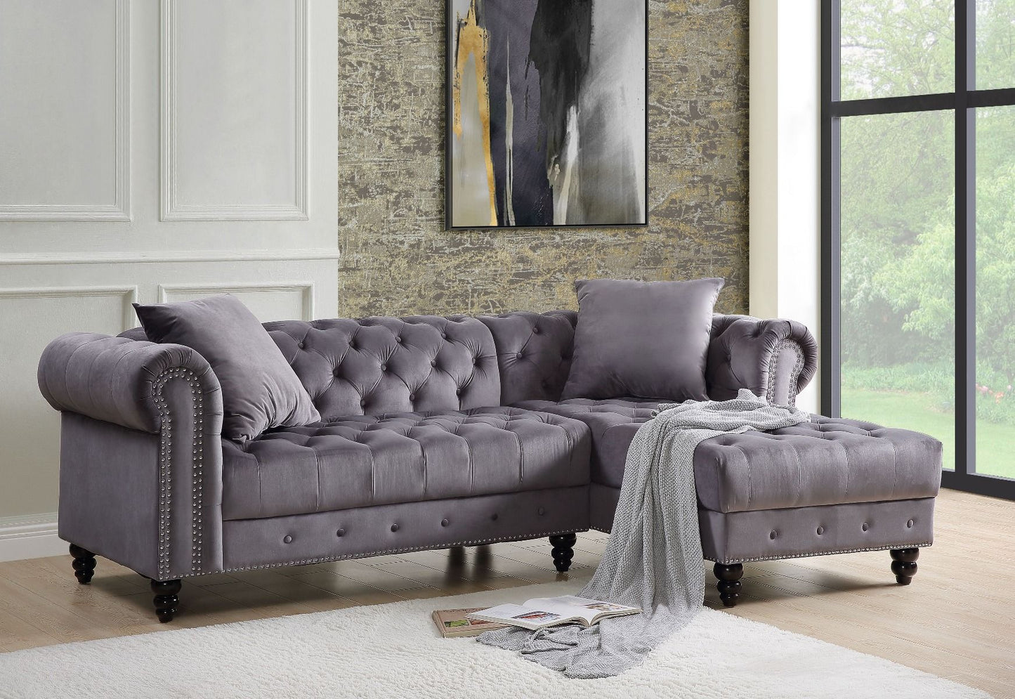 Adnelis 57325 Velvet Sectional Sofa - Gray