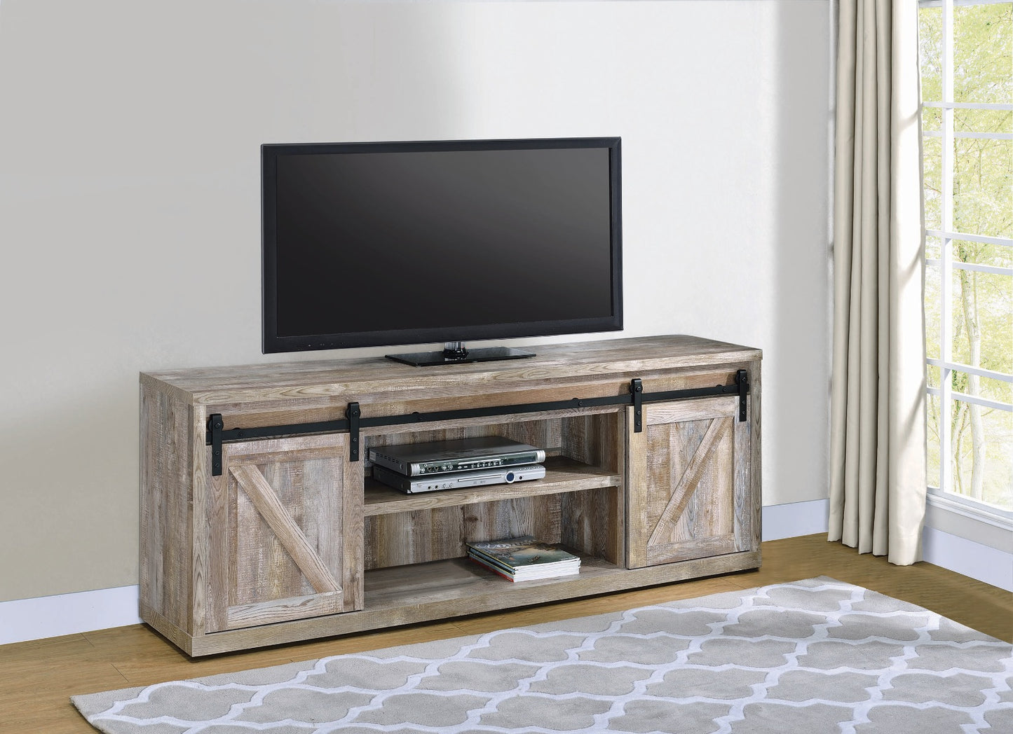 Brockton Shelf Sliding Doors TV Console - Weathered Oak