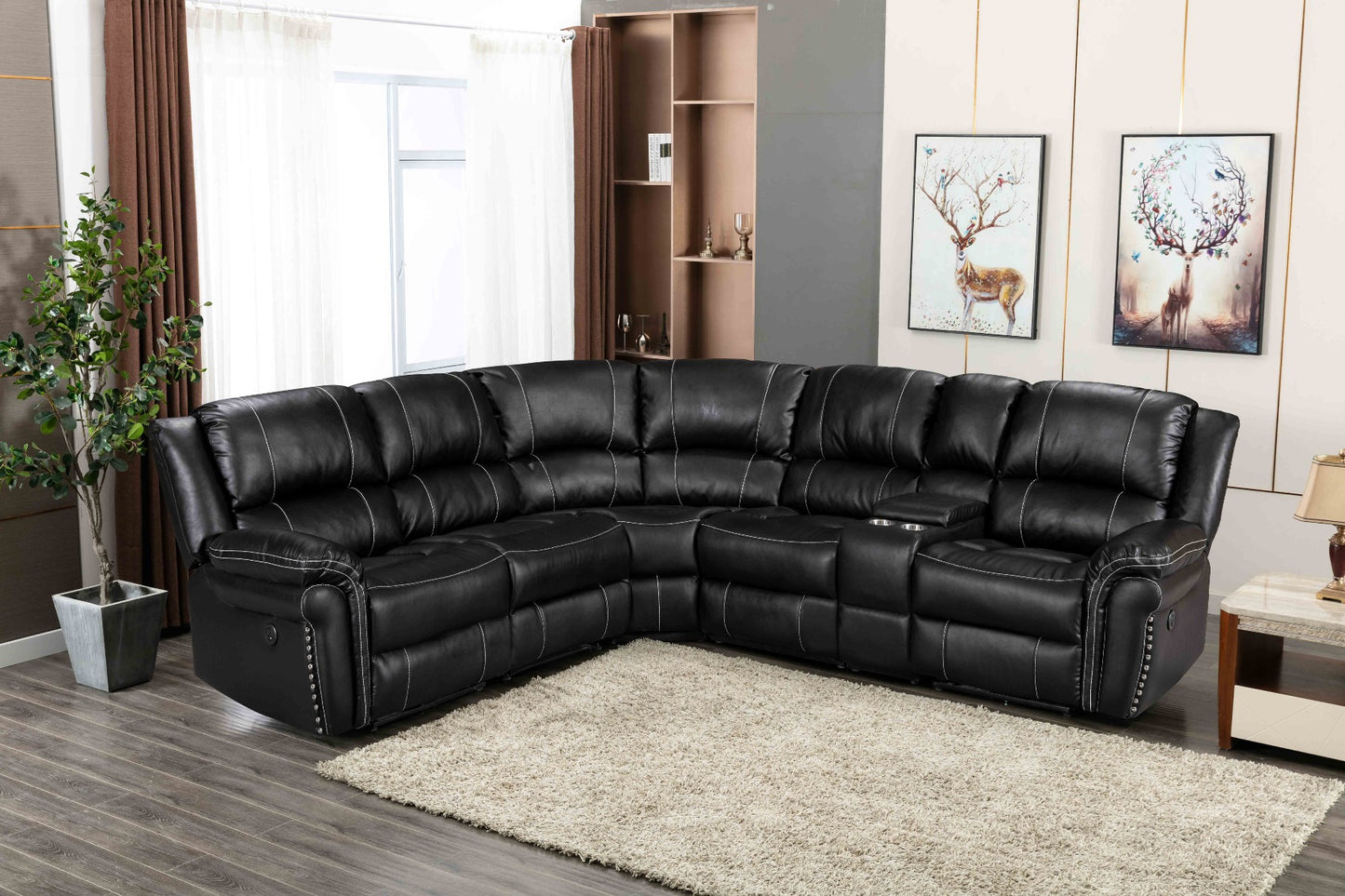 Black PU Power Reversible Sectional Sofa w/USB