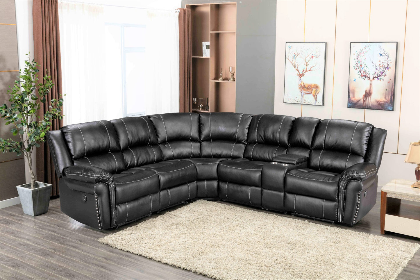 Black PU Power Reversible Sectional Sofa w/USB