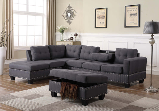 Nero Reversible Sectional + Storage Ottoman Woven Fabric