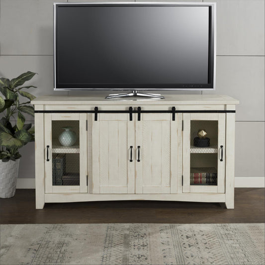 Aspen Rustic Entertainment Console - Antique White Barn Doors