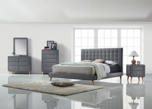 Colección de dormitorio Valda de 4 piezas - Tapicería gris