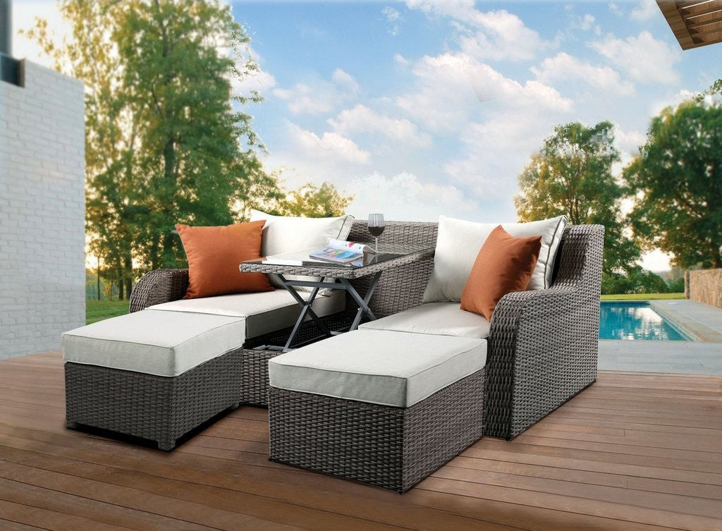 Salena 45010 Patio Sofa & Ottoman - Beige Fabric + Gray Wicker