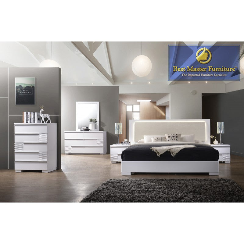 Athen White Lacquer Modern Bedroom Set Led Lighting