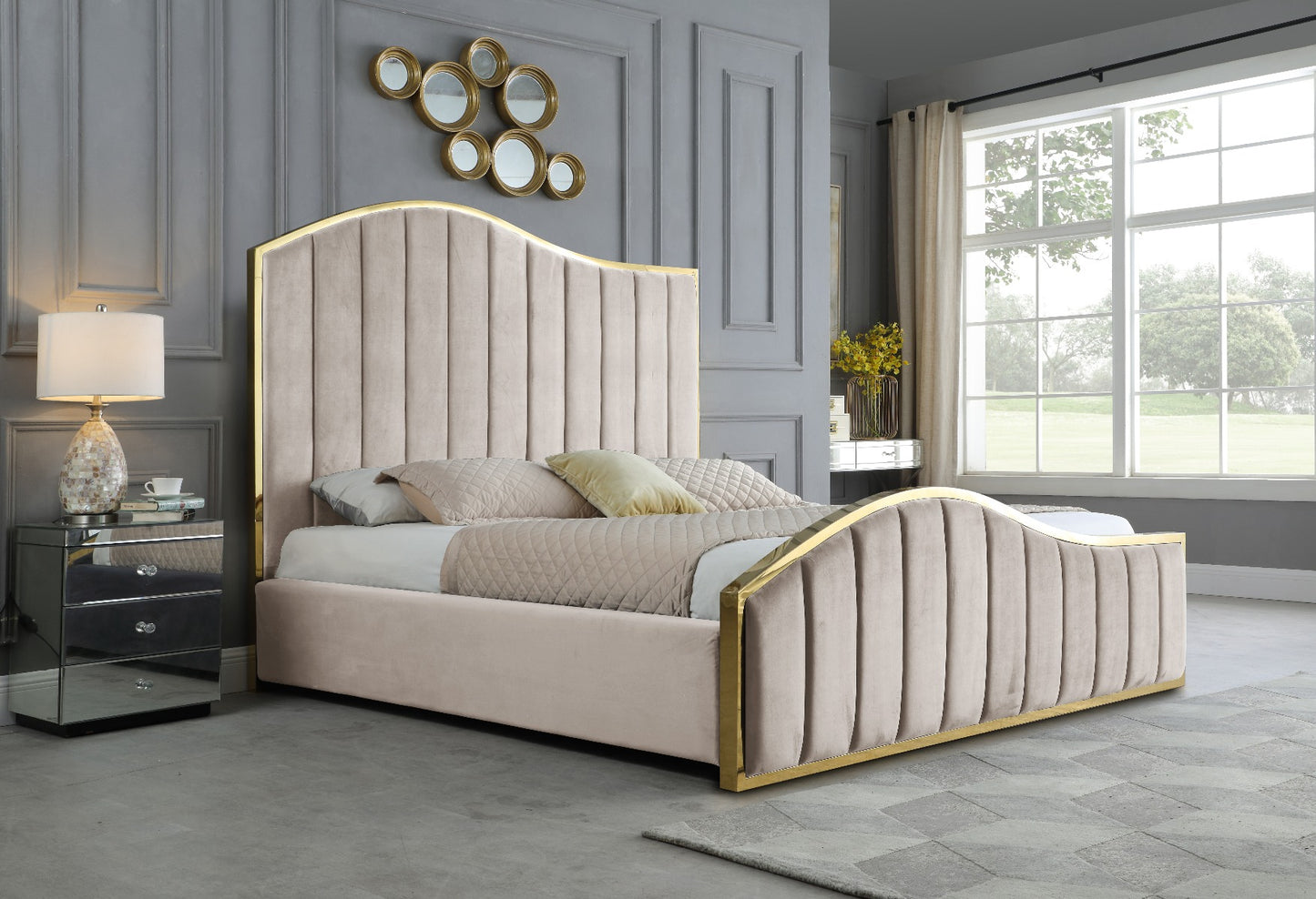 Tustin Platform Bed - Gold Accents - Gray or Beige