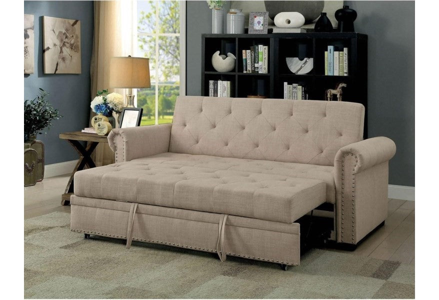 Iona Futon Sofa Bed - Beige Linen Nailhead Trim