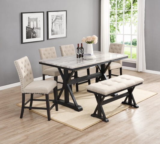 Juego de comedor Chino de 6 piezas - Sillas de lino beige