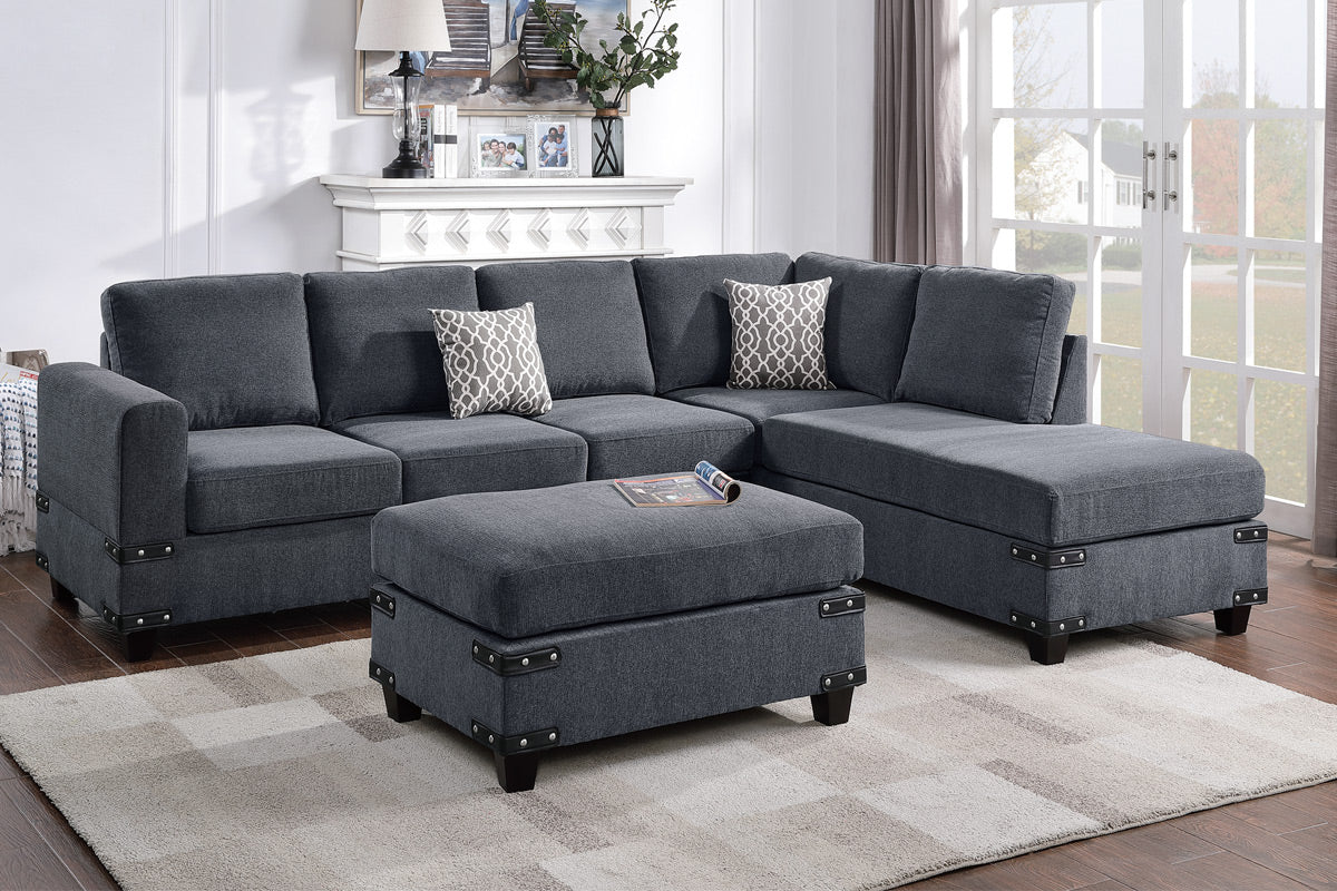 F8804 Poundex Bennigan 3 Pc Sectional - Charcoal