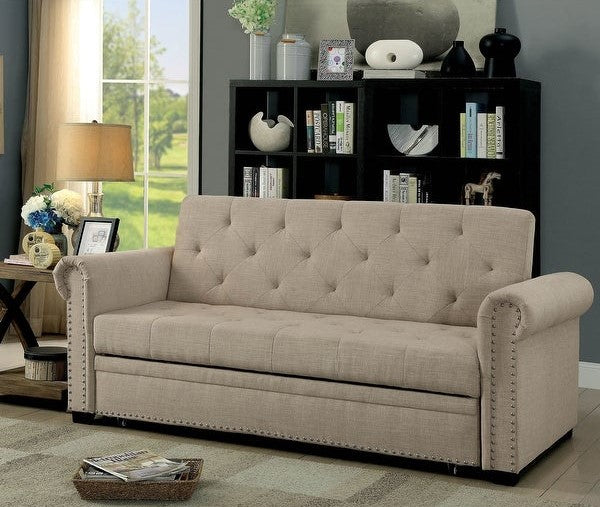 Iona Futon Sofa Bed - Beige Linen Nailhead Trim