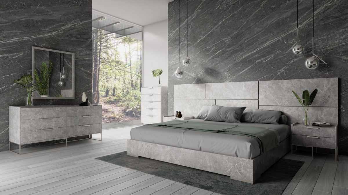 Marbella Italian Modern Grey Marble Bed w/2 Nightstands