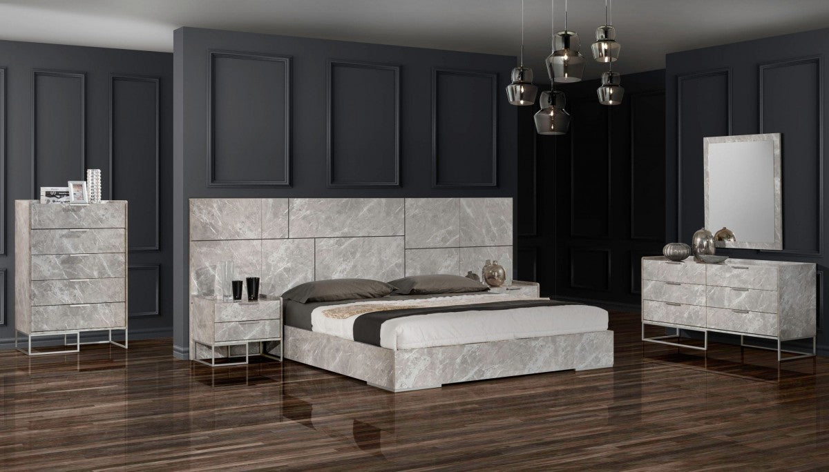 Marbella Italian Modern Grey Marble Bed w/2 Nightstands