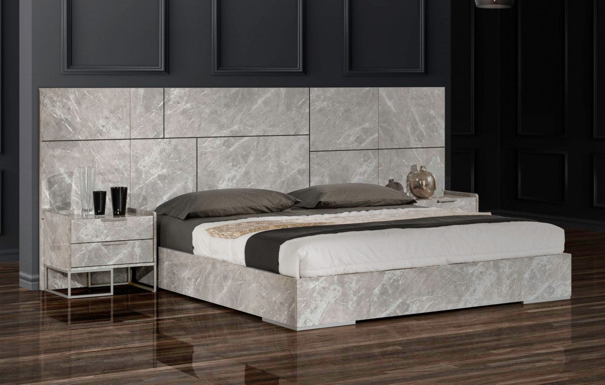 Marbella Italian Modern Grey Marble Bed w/2 Nightstands