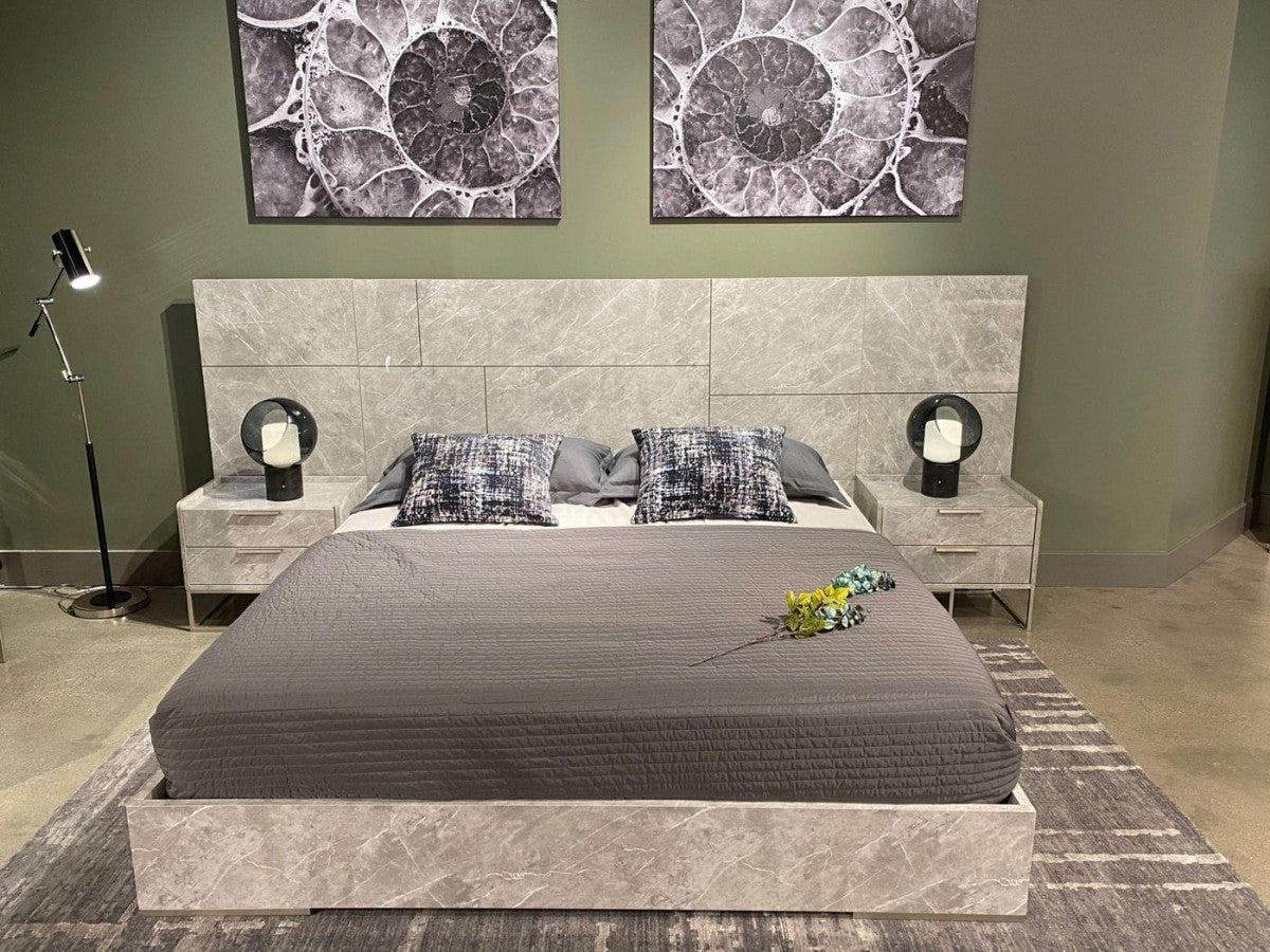 Marbella Italian Modern Grey Marble Bed w/2 Nightstands