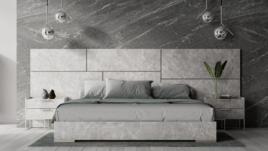 Marbella Italian Modern Grey Marble Bed w/2 Nightstands