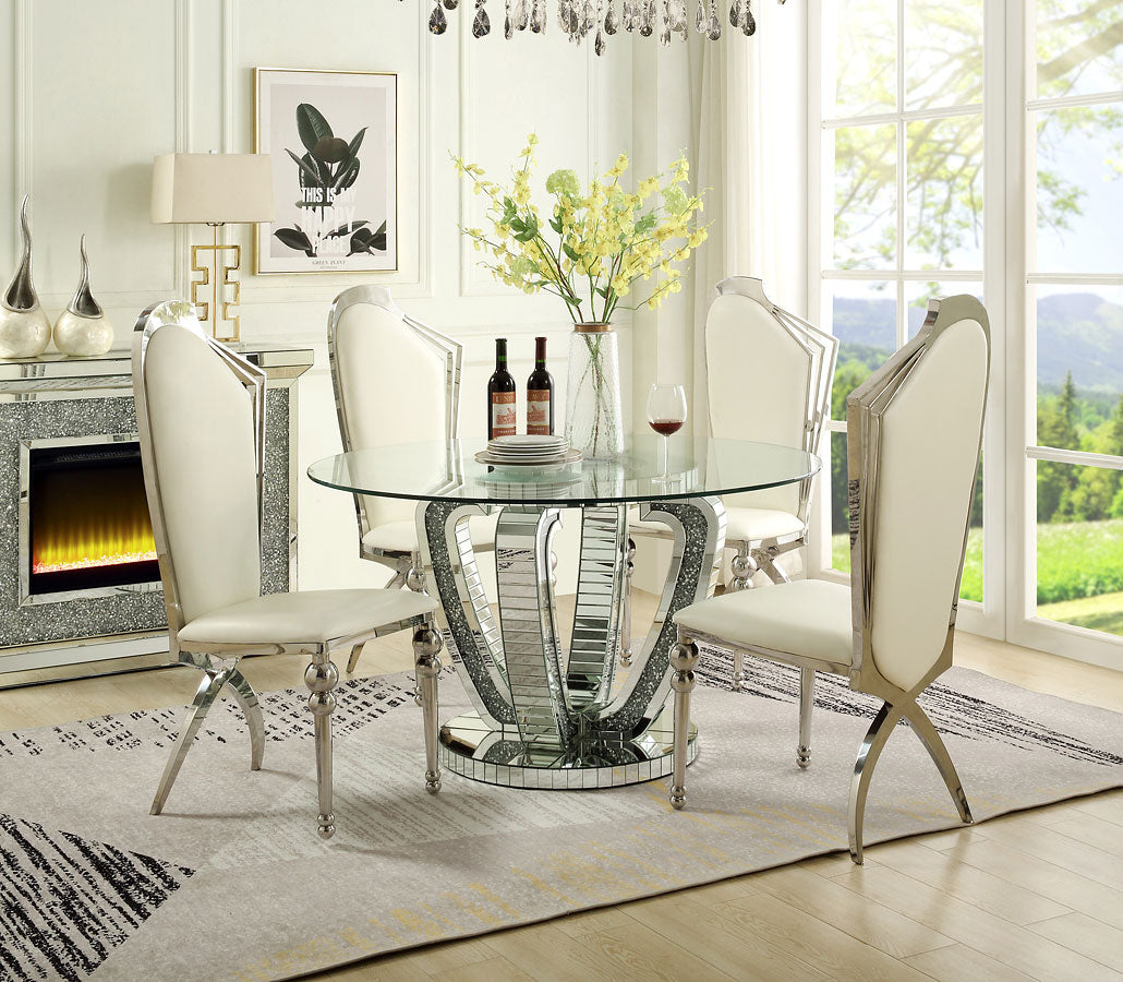 Noralie DN00717 Round Glass Table Dining Set - Mirrored Diamonds